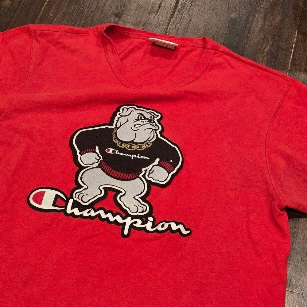 Vintage Y2K Champion Embroidered Patch Bulldog T-Shirt Mens Medium Red Tee Flaws
